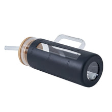 Black glass tumbler with bamboo lid, protective silicone sleeve and clear straw