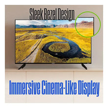 Flat-screen TV with black bezel and legs, displaying a desert river landscape
