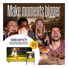 Roku TV with black bezel, showing mobile casting and pet-themed content on screen