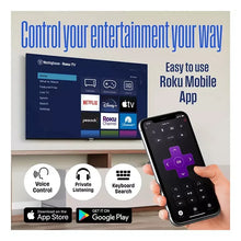 Roku TV showing menu on screen with black bezel, paired with a smartphone app