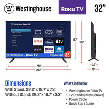 32-inch Roku TV displaying a home menu with streaming apps, black bezel and legs