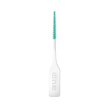 Single dental flossing pick with mint bristles and white plastic handle