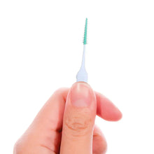 Dental flossing pick held in hand, with mint bristles and white handle