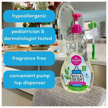 Dish soap bottle with pink pump top on sink counter