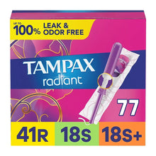 Tampax radiant tampon box, 77 count with leak and odor free claim and absorbency sizes