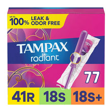 Tampax radiant tampon box, 77 count, leak & odor free, unscented
