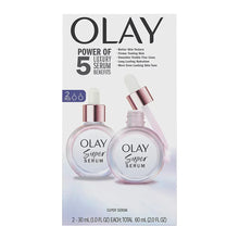 Olay Super Serum 2-pack dropper bottles with pink caps and clear serum vials