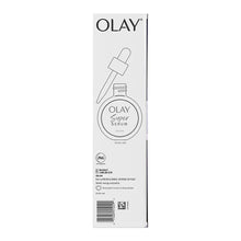 Olay Super Serum retail box back panel with dropper bottle icon and barcode
