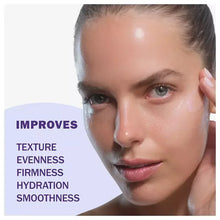 Woman’s face with dewy skin glow and large benefit text overlay