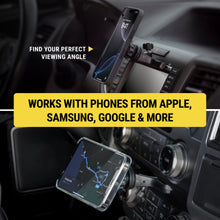 Black car phone mount with adjustable arm holding a smartphone near the dashboard