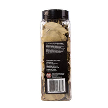 Whole bay leaves in a clear jar with label on back, black lid