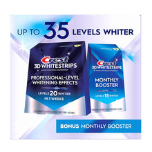 Teeth whitening kit box with Crest 3D Whitestrips packages and monthly booster