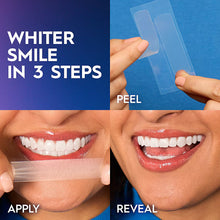 Teeth whitening strip on front teeth with hands peeling and revealing