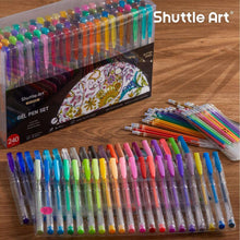 Glitter gel pen set with colorful pens arranged on a wooden table