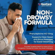 Non-drowsy nasal decongestant tablets promotional panel with man using tissue