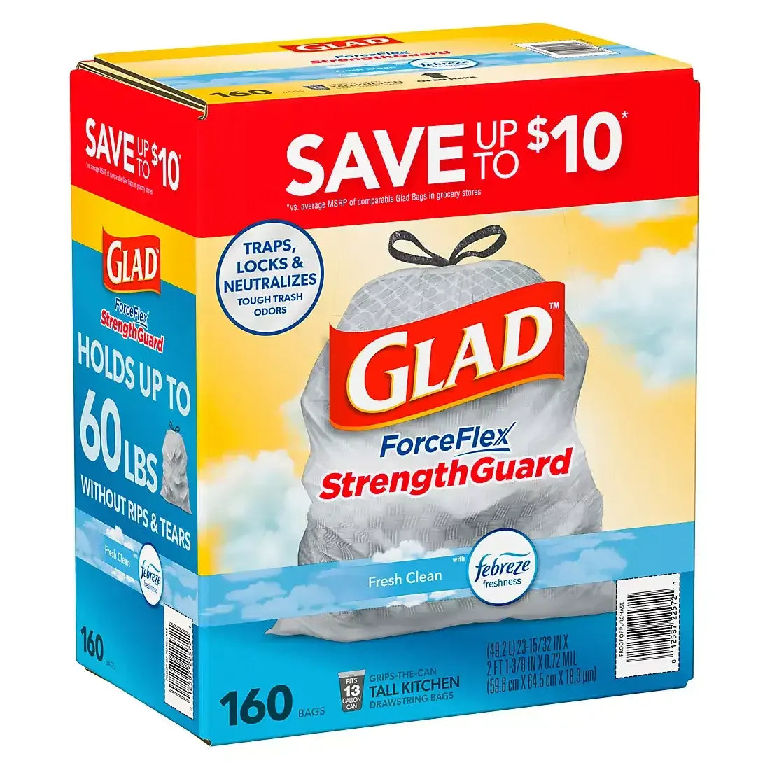 Glad ForceFlex Tall Kitchen Drawstring Trash Bags - Fresh Clean with Febreze, 160 ct./13 gal. - USA MEGA SHOP