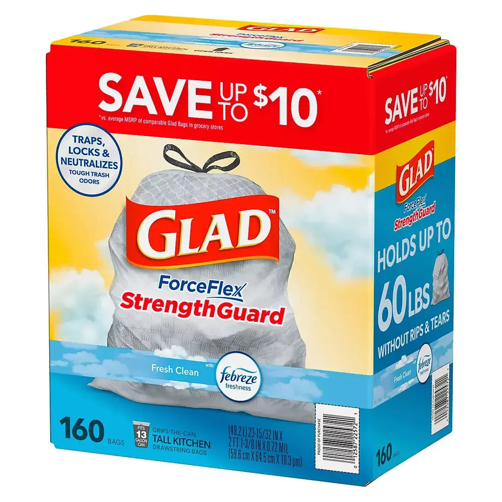 Glad ForceFlex Tall Kitchen Drawstring Trash Bags - Fresh Clean with Febreze, 160 ct./13 gal. - USA MEGA SHOP