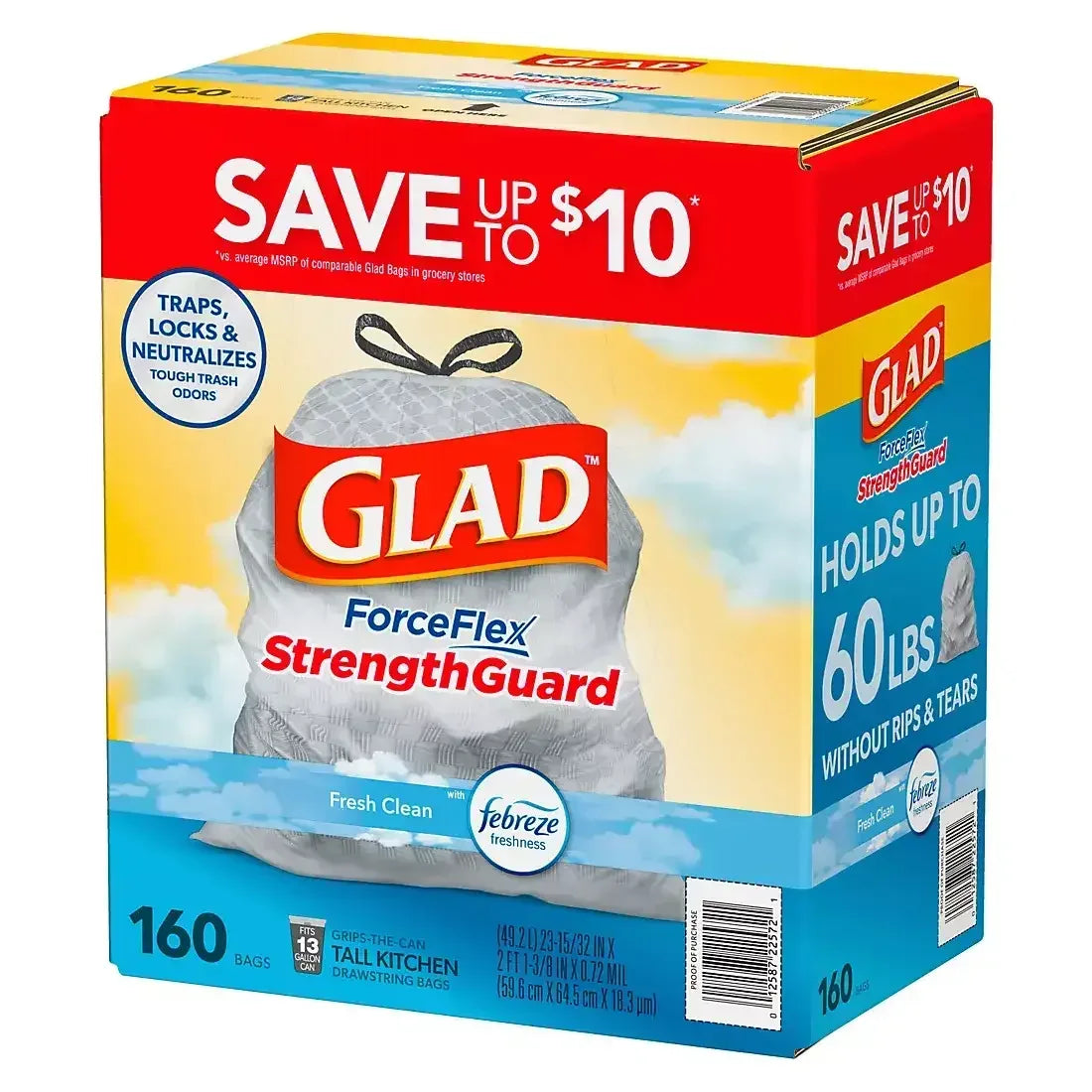 Glad ForceFlex Tall Kitchen Drawstring Trash Bags - Fresh Clean with Febreze, 160 ct./13 gal.