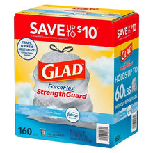 Glad ForceFlex StrengthGuard tall kitchen drawstring trash bags box, 160-count, 60-lb