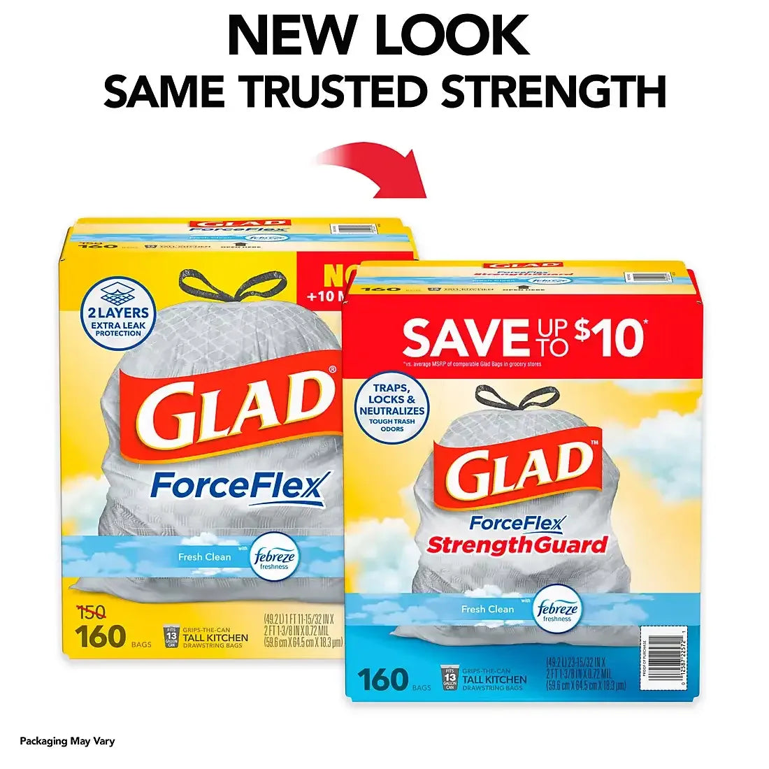Glad ForceFlex Tall Kitchen Drawstring Trash Bags - Fresh Clean with Febreze, 160 ct./13 gal. - USA MEGA SHOP