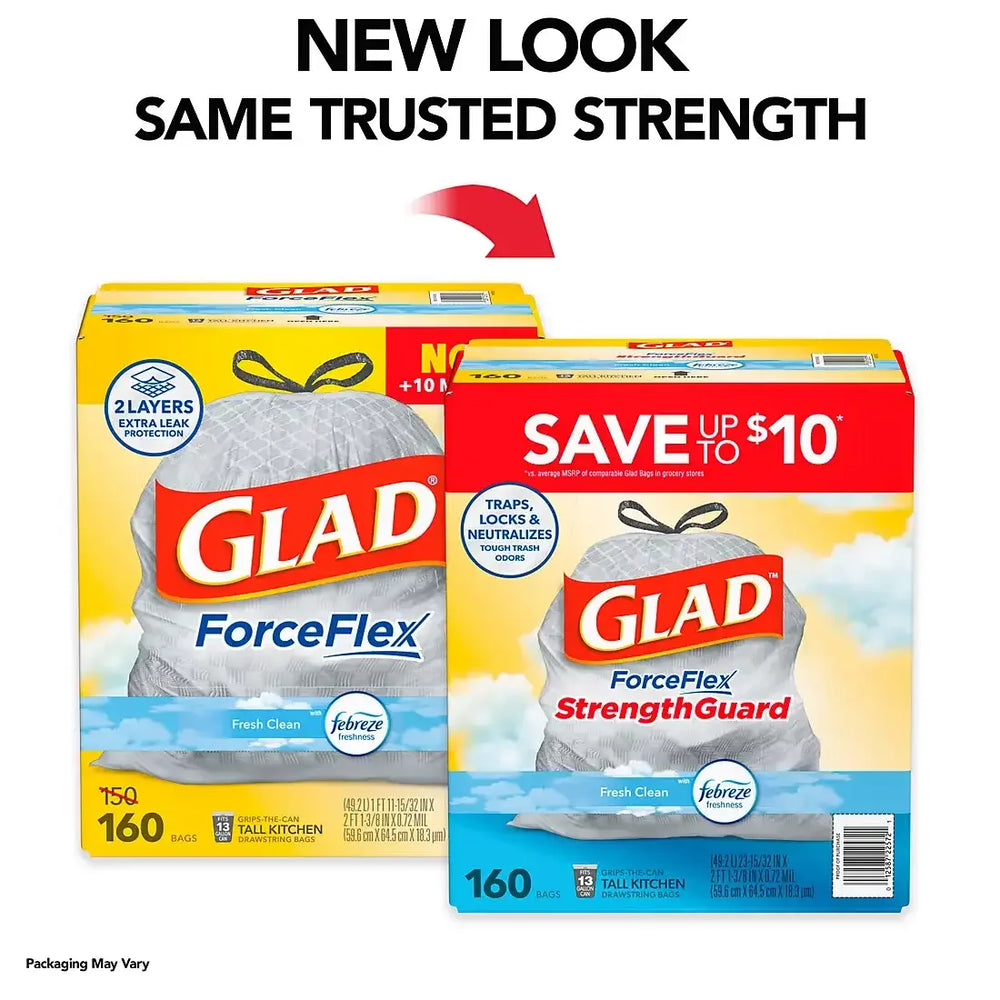 Glad ForceFlex Tall Kitchen Drawstring Trash Bags - Fresh Clean with Febreze, 160 ct./13 gal. - USA MEGA SHOP