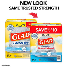 Glad ForceFlex StrengthGuard tall kitchen drawstring trash bags, 160 ct, two-pack view