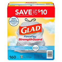 Glad ForceFlex StrengthGuard tall kitchen drawstring trash bags, 160-count box front
