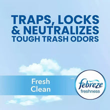 Fresh Clean Febreze branding graphic on tall kitchen trash bag package