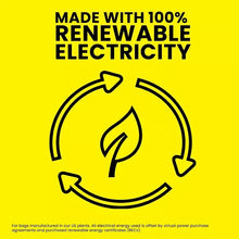 Trash bag packaging graphic with renewable electricity icon and arrows