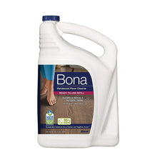 Bona hardwood floor cleaner jug with blue cap and blue label, 128 oz bottle