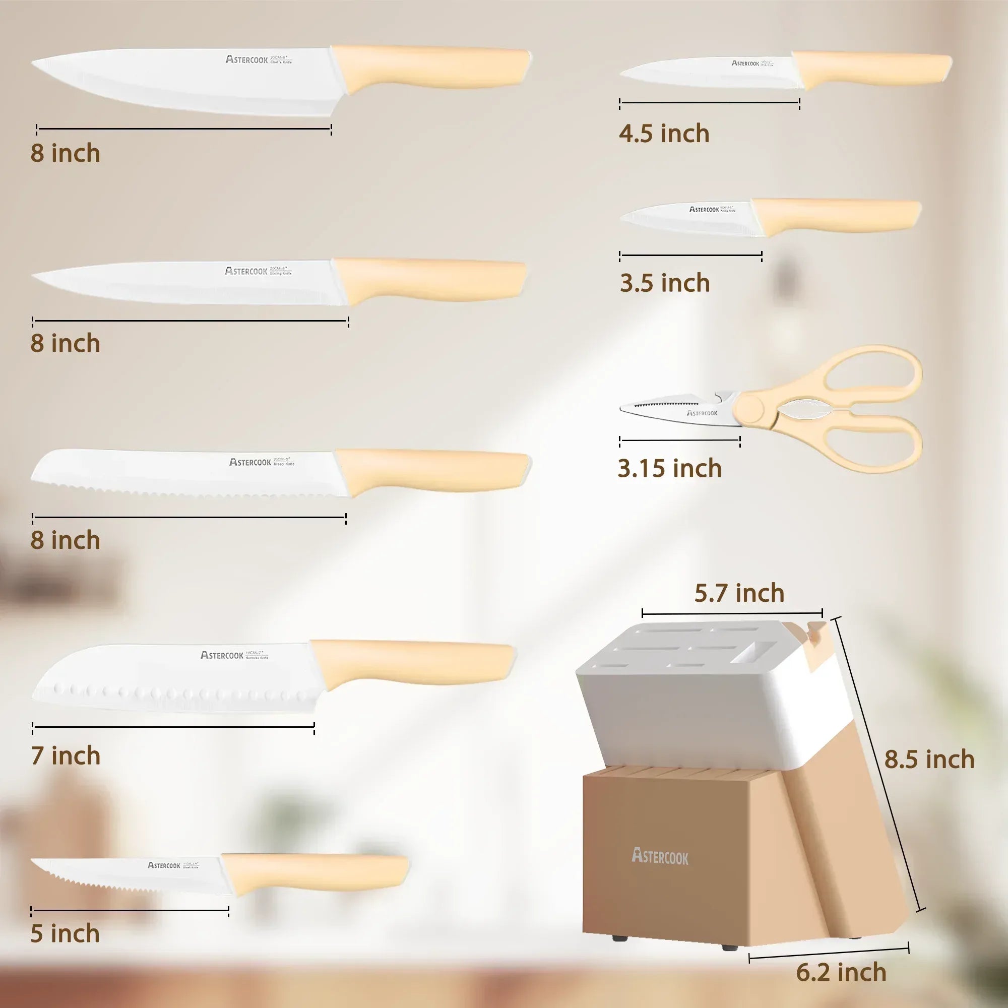 Astercook Knife Set, 14 Pieces Kitchen Knives Set with Healthy Anti-Rust Coating, Stainless Steel Knife Sets with Built-in Sharpener, Sharp & Rust Resistant Dishwasher Safe