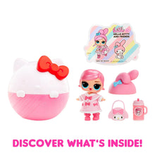 Pink surprise capsule with Hello Kitty-style doll, bunny accessory, bottle, and charms