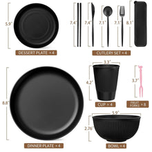Black dinnerware set layout showing dessert plates, dinner plates, bowls and cups