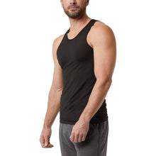 Men's black comfort mesh tank top, side view, sleeveless crew neck