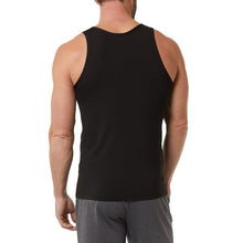 Men's black comfort mesh tank top, back view, crew neck sleeveless