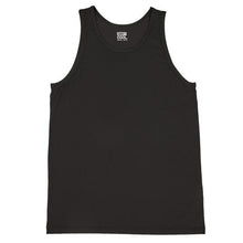Men's black comfort mesh tank top, flat lay front, crew neck sleeveless