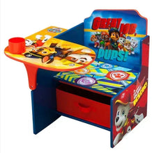 Kids chair desk with storage bin, orange table top, blue backrest, red drawer with character art