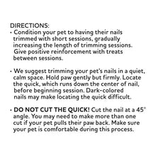 Nail clippers directions panel with trimming and quick-cut caution text