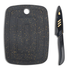 Speckled bar board with recessed center and black handle knife, 2-piece set