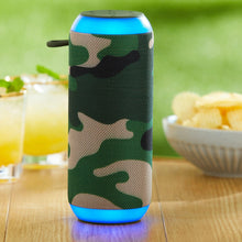 onn large rugged camo speaker with blue LED glow and fabric grille