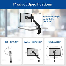 Adjustable desk monitor mount with VESA arm showing tilt, swivel, and rotation