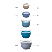 Five plastic mixing bowls with matching lids in blue shades, shown for sizing