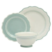 Ceramic dinnerware set with sage blue scalloped salad plates and a matching bowl