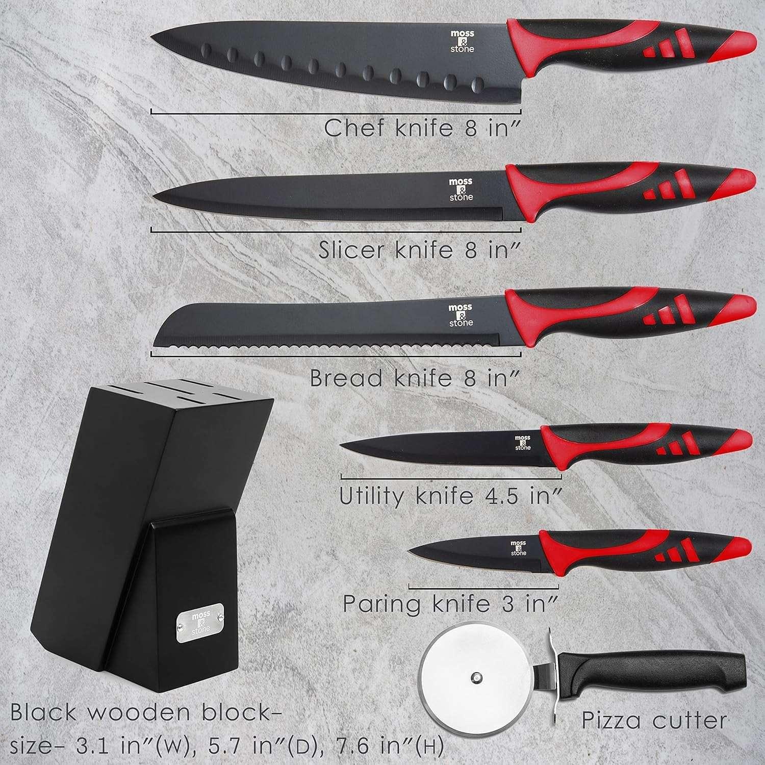 Moss & Stone Professional Kitchen Knife Chef Set, Small Knife Set With Block, Black Titanium Plated Kitchen Knife Set, Stainless Steel Scratch Resistant & Rust Proof Sharp Kitchen Knives. - USA MEGA SHOP