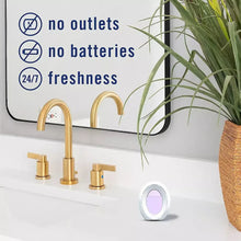 Febreze bathroom air freshener device with purple scent disk on countertop