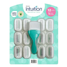 Razor handle and 12 refill blades set with teal grip, shown in retail packaging.
