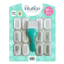 Women's razor handle and refill blades in blister pack, teal and white.
