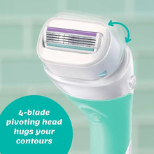 Pivoting 4-blade razor head, white casing with purple blade strip, teal accents.