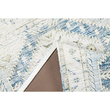 Geometric rug corner close-up showing cream top with blue pattern and brown backing