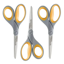 Three-pack scissors with gray blades and orange handles, front view